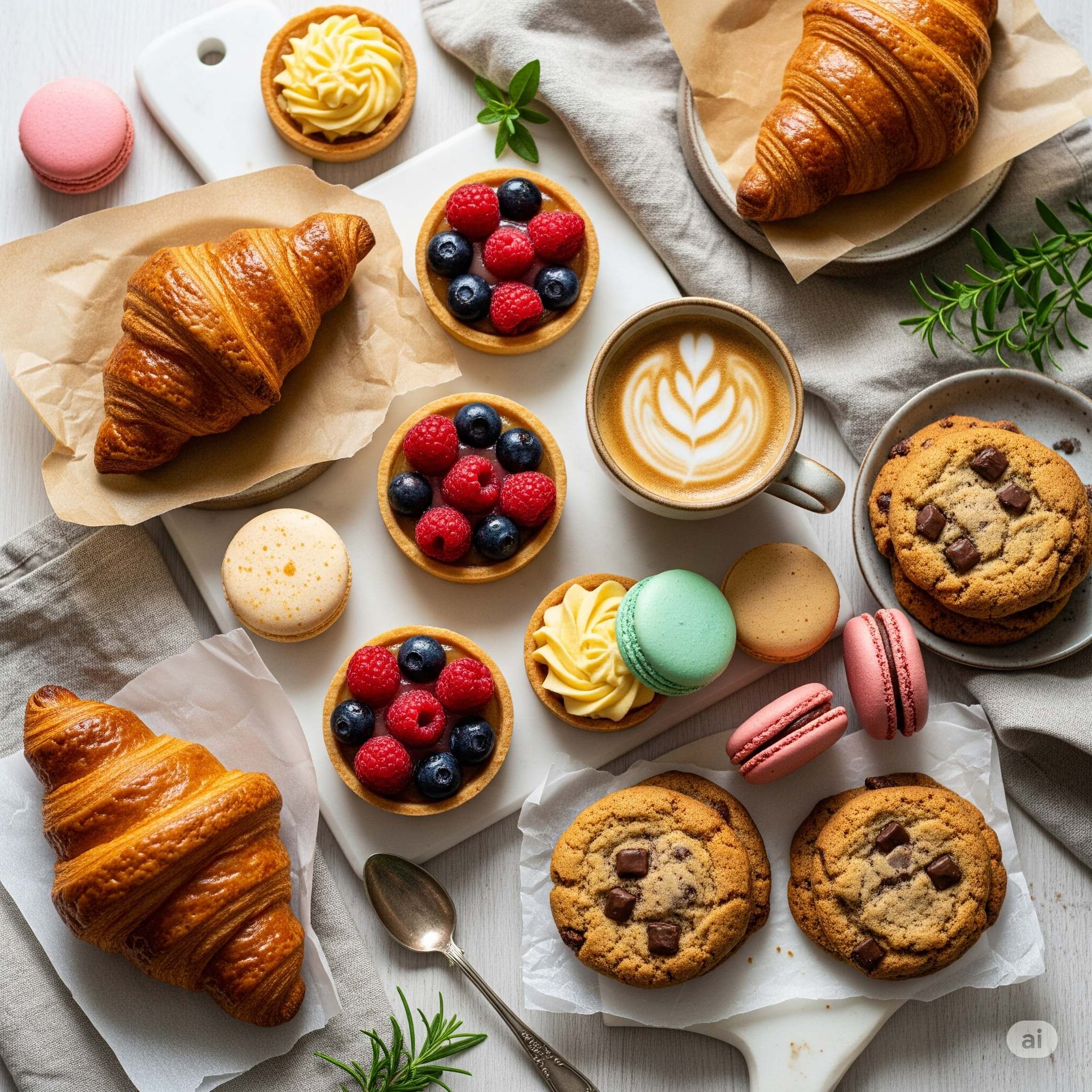 Seleção artesanal de croissants, macarons, tortas de frutas vermelhas e café especial
