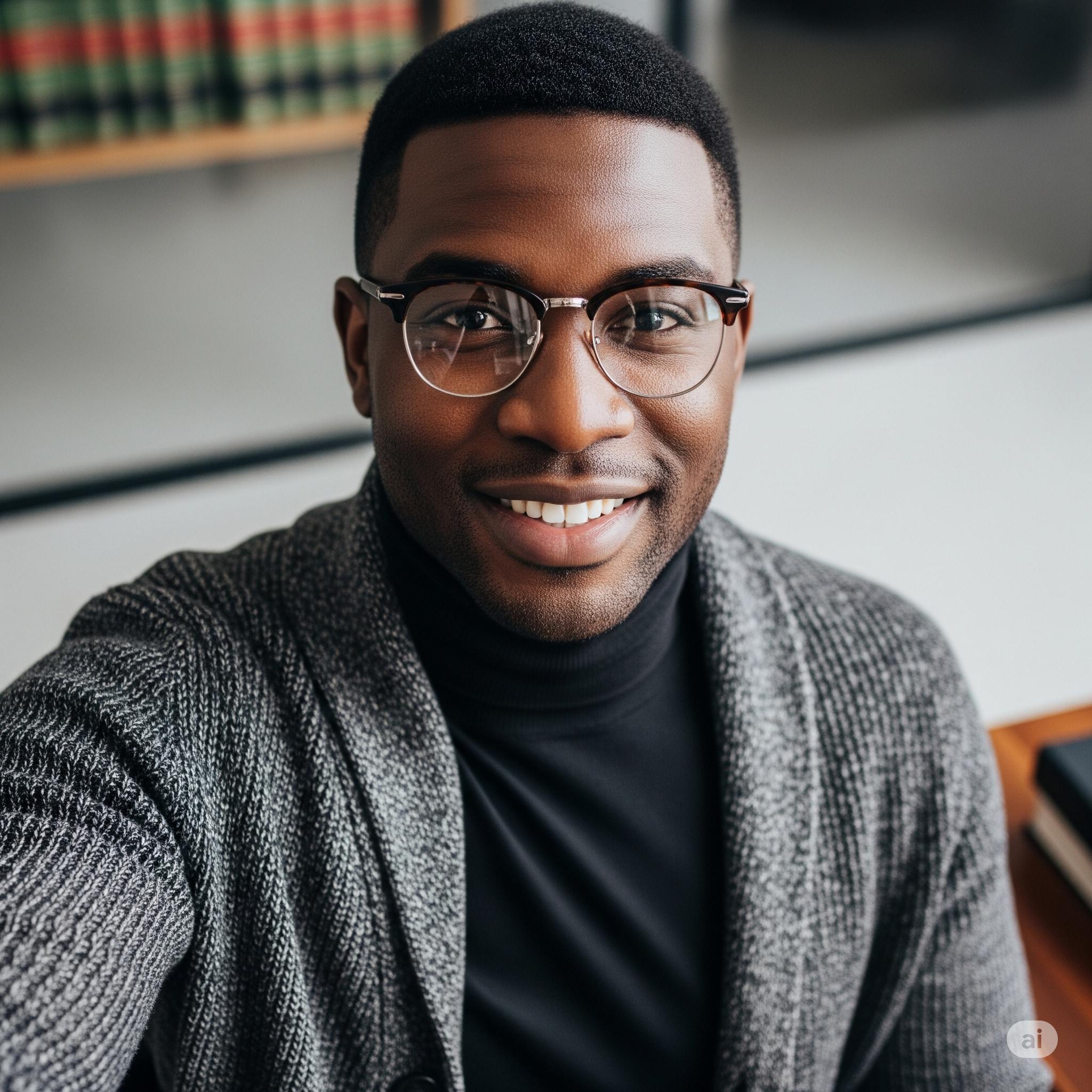 Carlos, designer de 28 anos do Rio de Janeiro, sorrindo com óculos e cardigan cinza