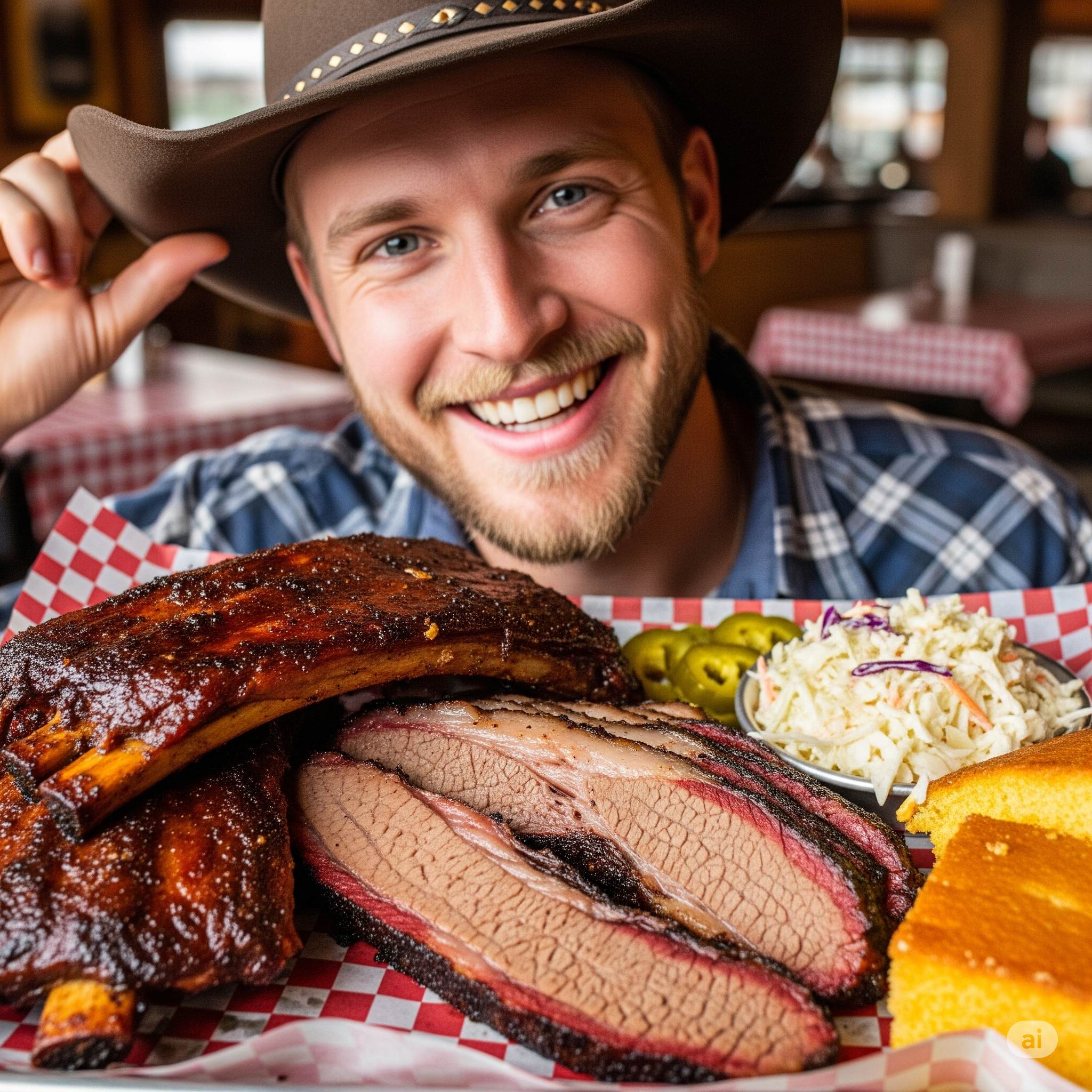 Membro da comunidade com churrasco texano autêntico e brisket defumado