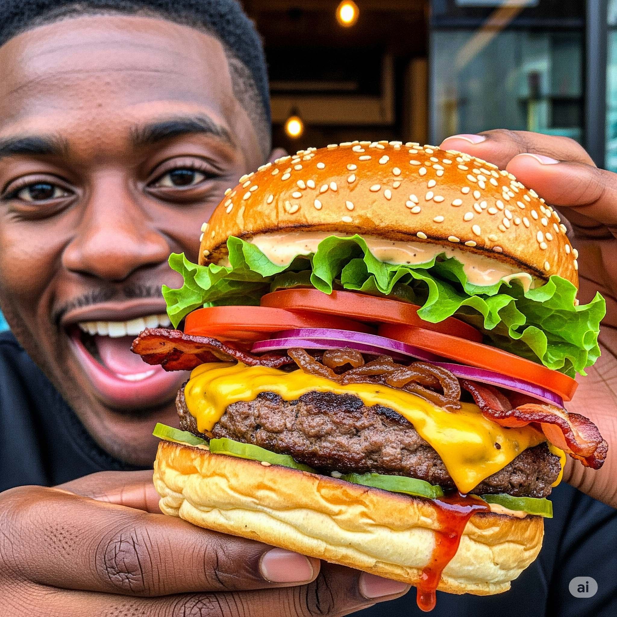 Membro da comunidade FOOD&CO sorrindo com hambúrguer artesanal gigante