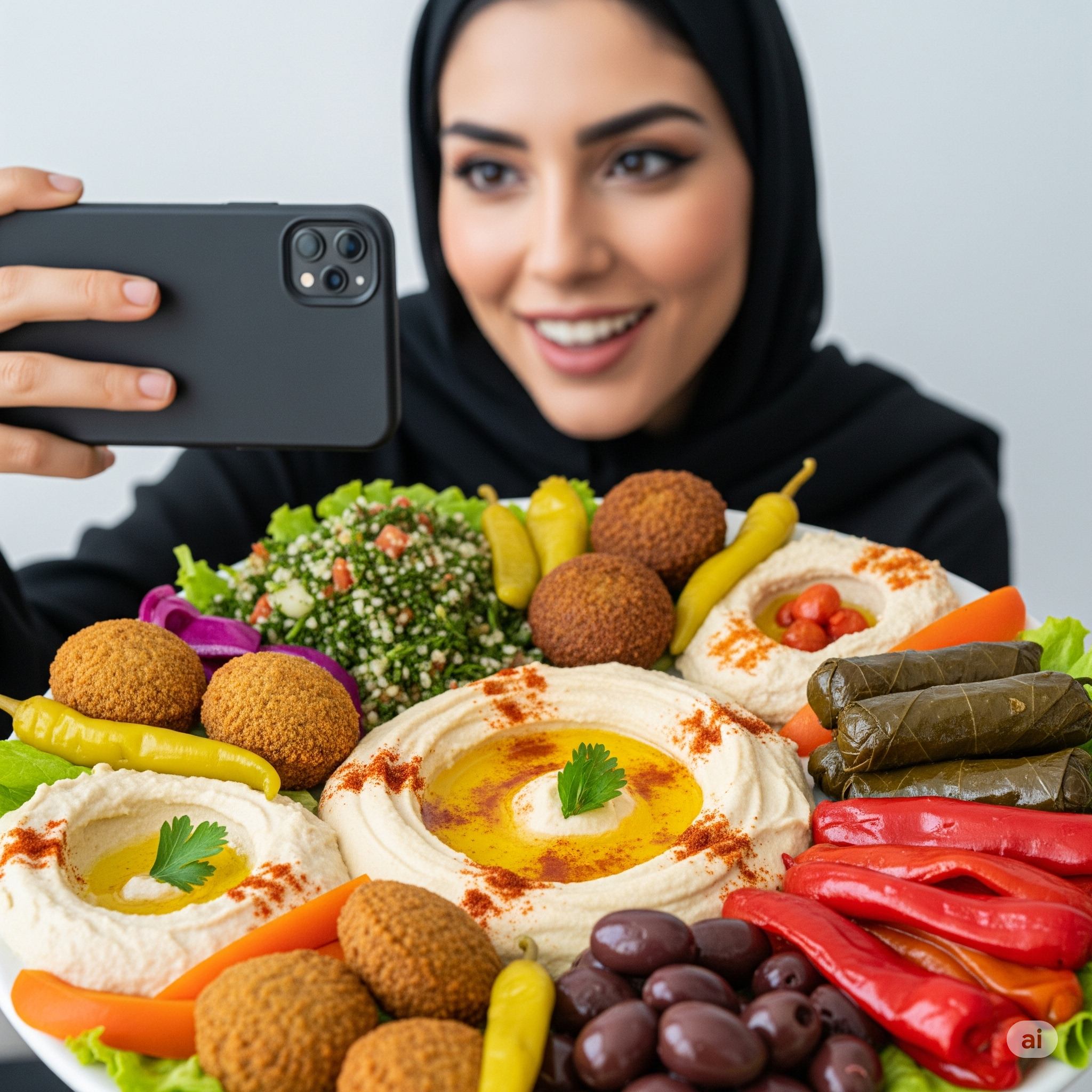 Exploradora gastronômica com mezze do Oriente Médio e hummus artesanal