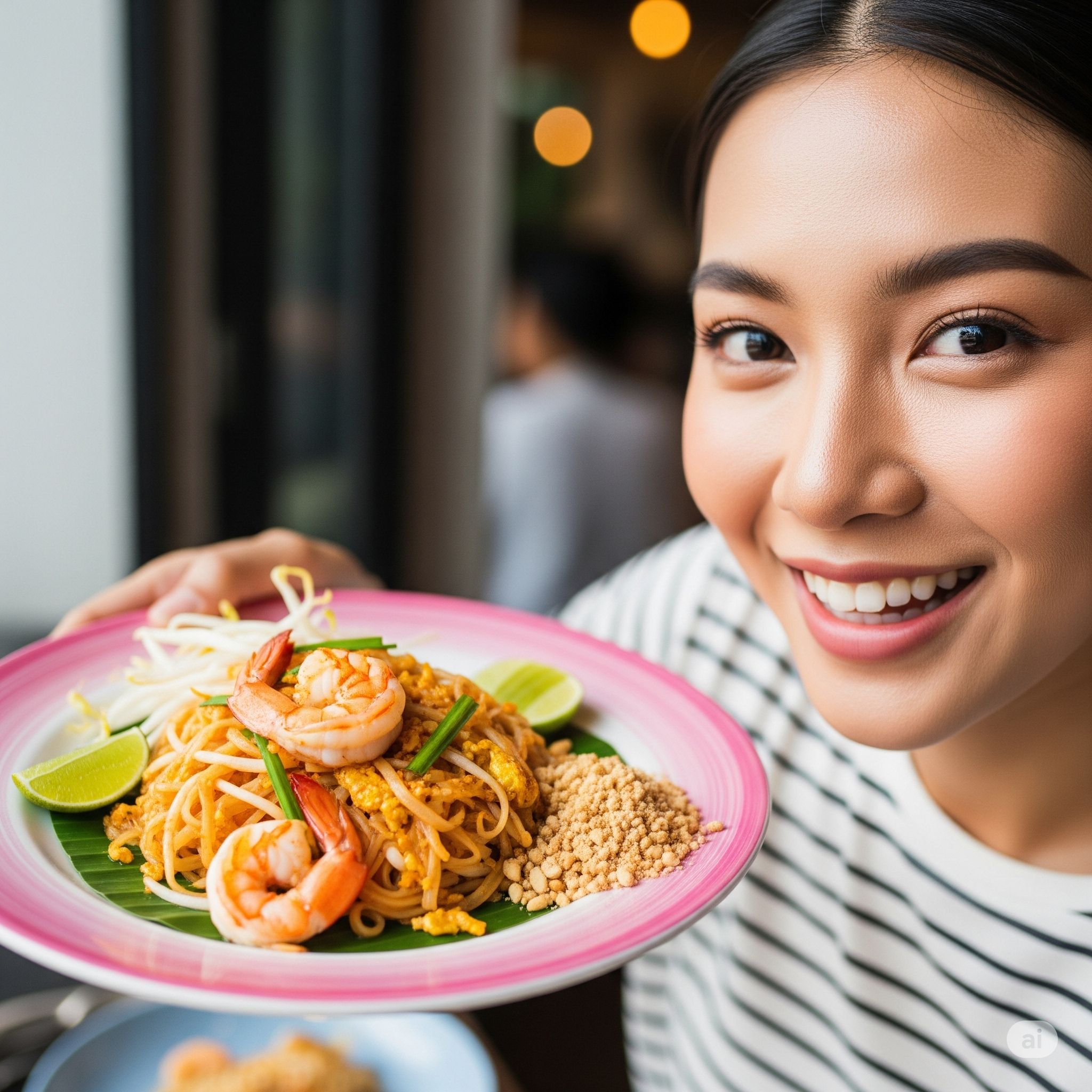 Membro da comunidade desfrutando Pad Thai com camarões frescos
