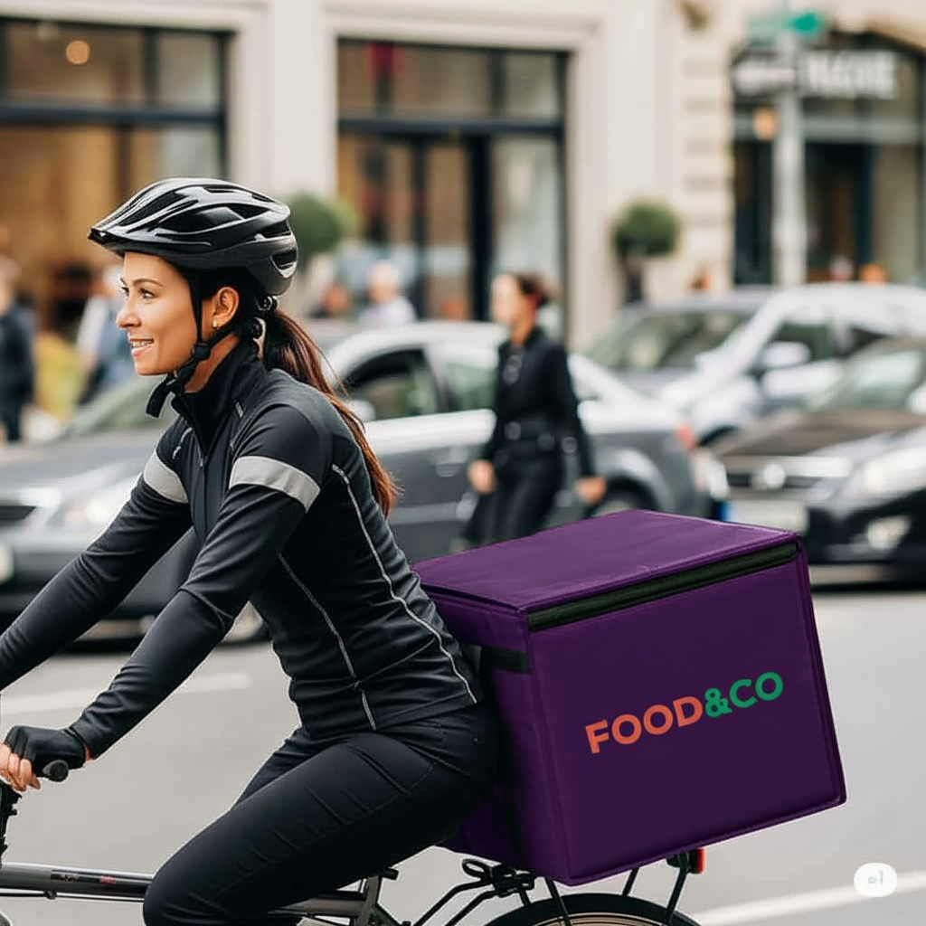 Entregadora FOOD&CO pedalando pela cidade com bag de entrega