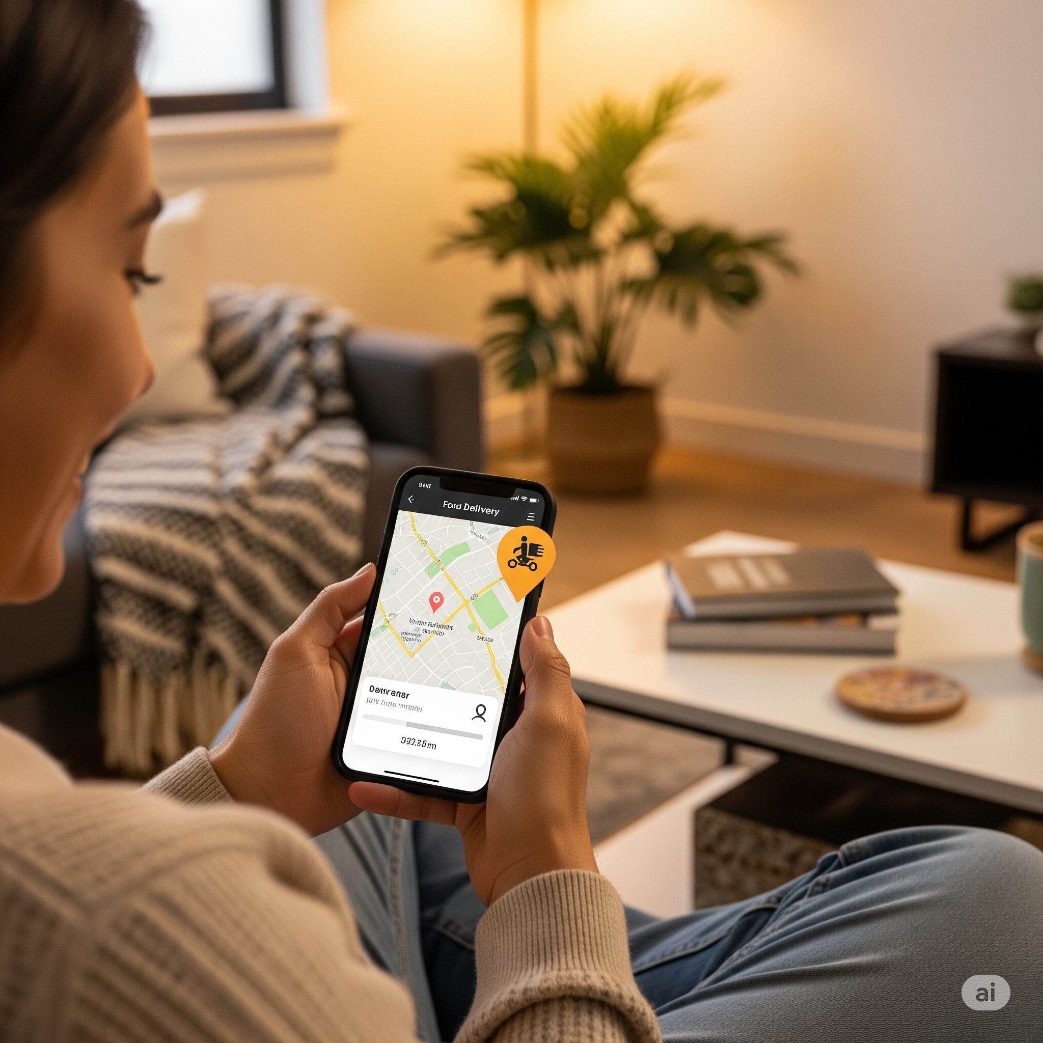 Pessoa acompanhando entrega do pedido FOOD&CO pelo celular em casa