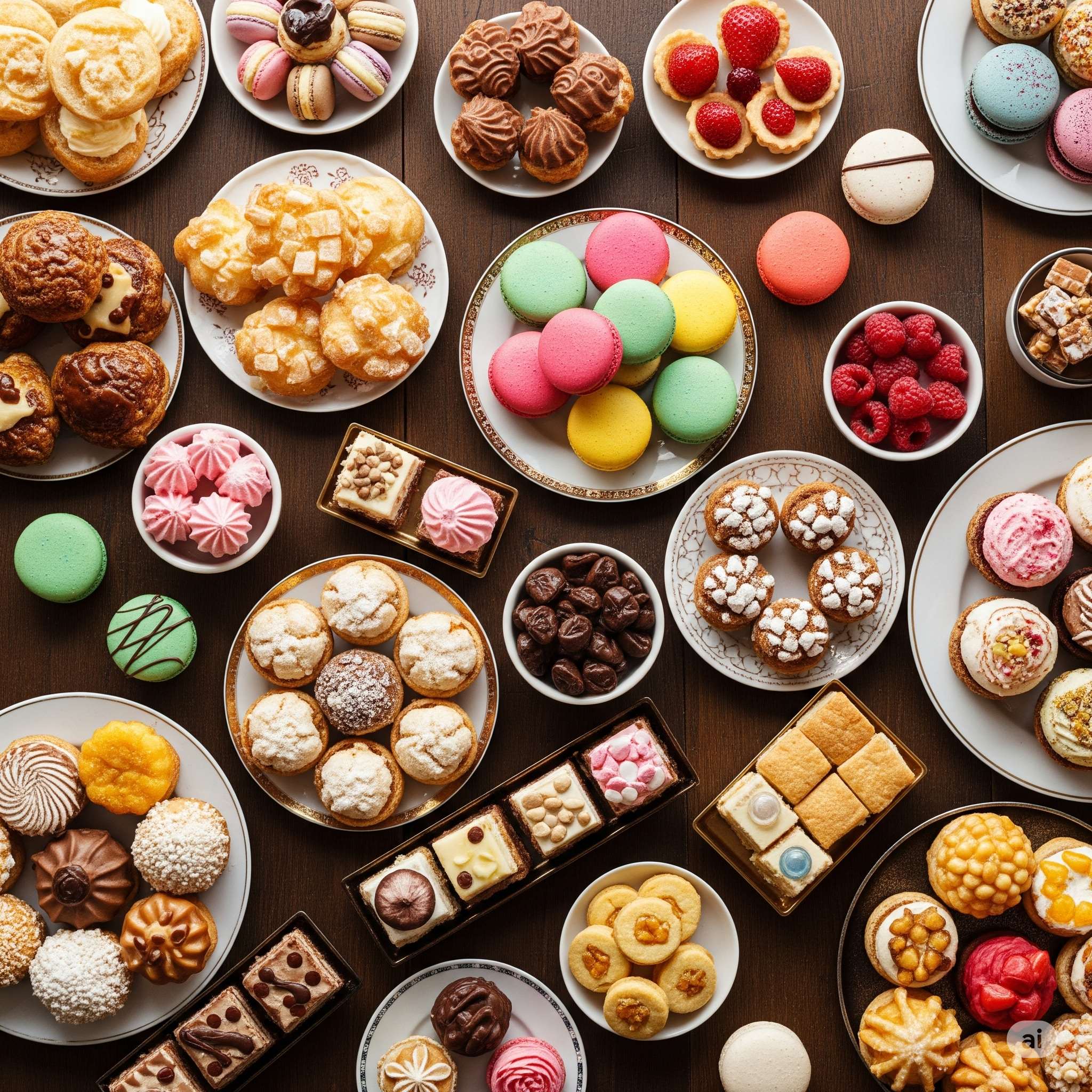 Seleção artesanal de macarons, petit fours, chocolates e doces gourmet