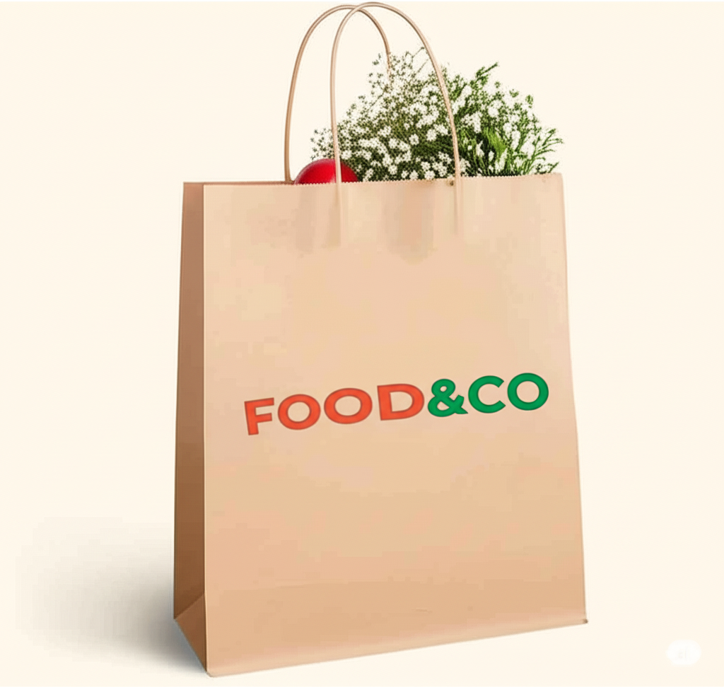 Sacola FOOD&CO com ingredientes frescos e saudáveis
