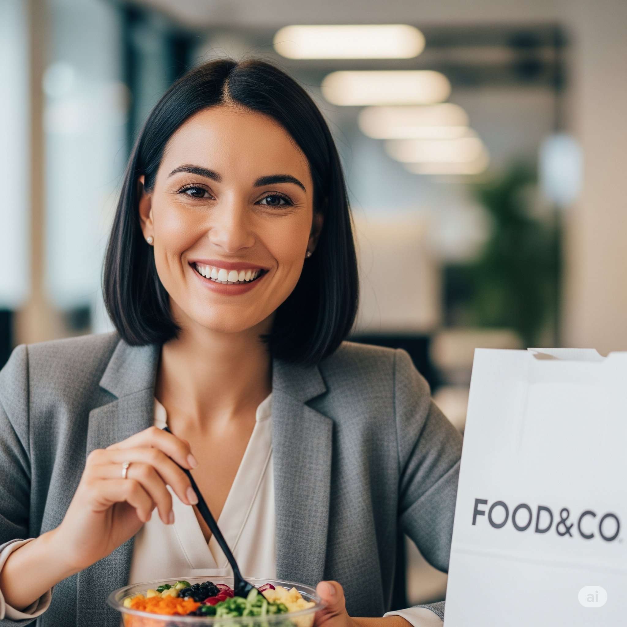 Executiva sorrindo enquanto almoça salada saudável com sacola FOOD&CO no escritório