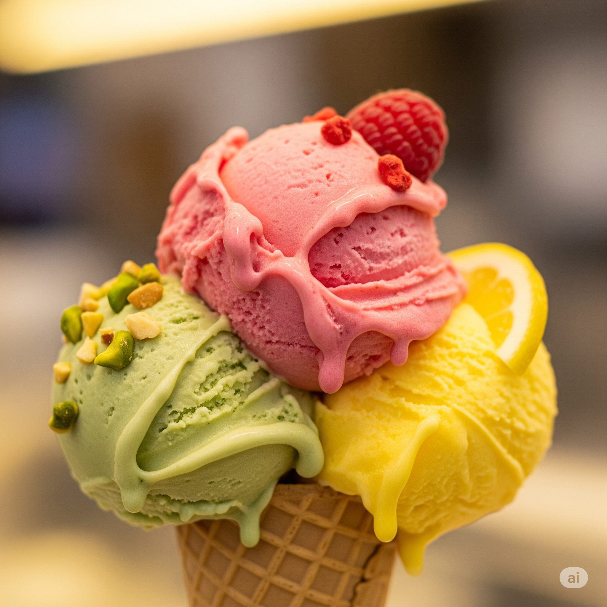 Gelato artesanal italiano de pistache, morango e manga