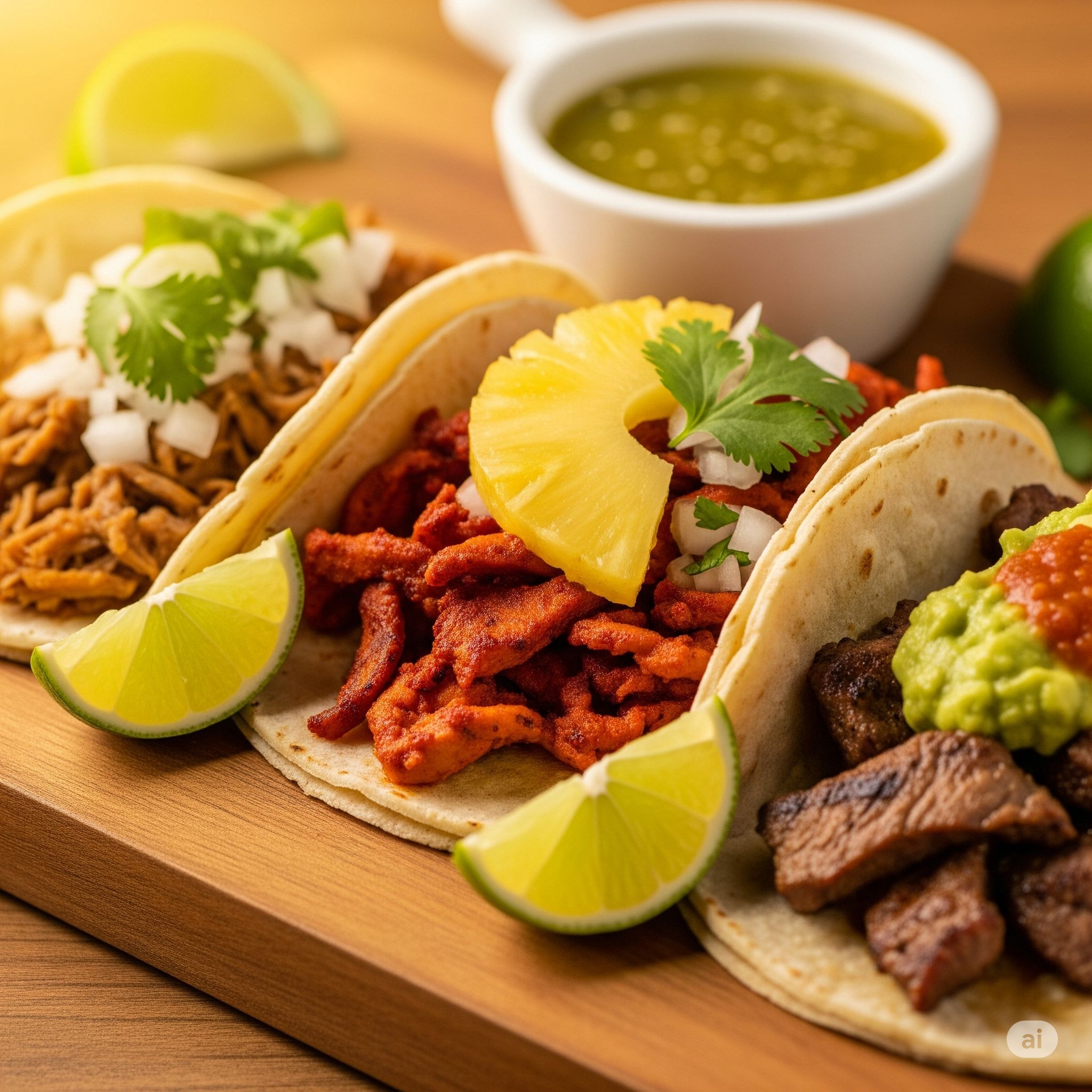 Tacos mexicanos autênticos com diversos recheios e molhos