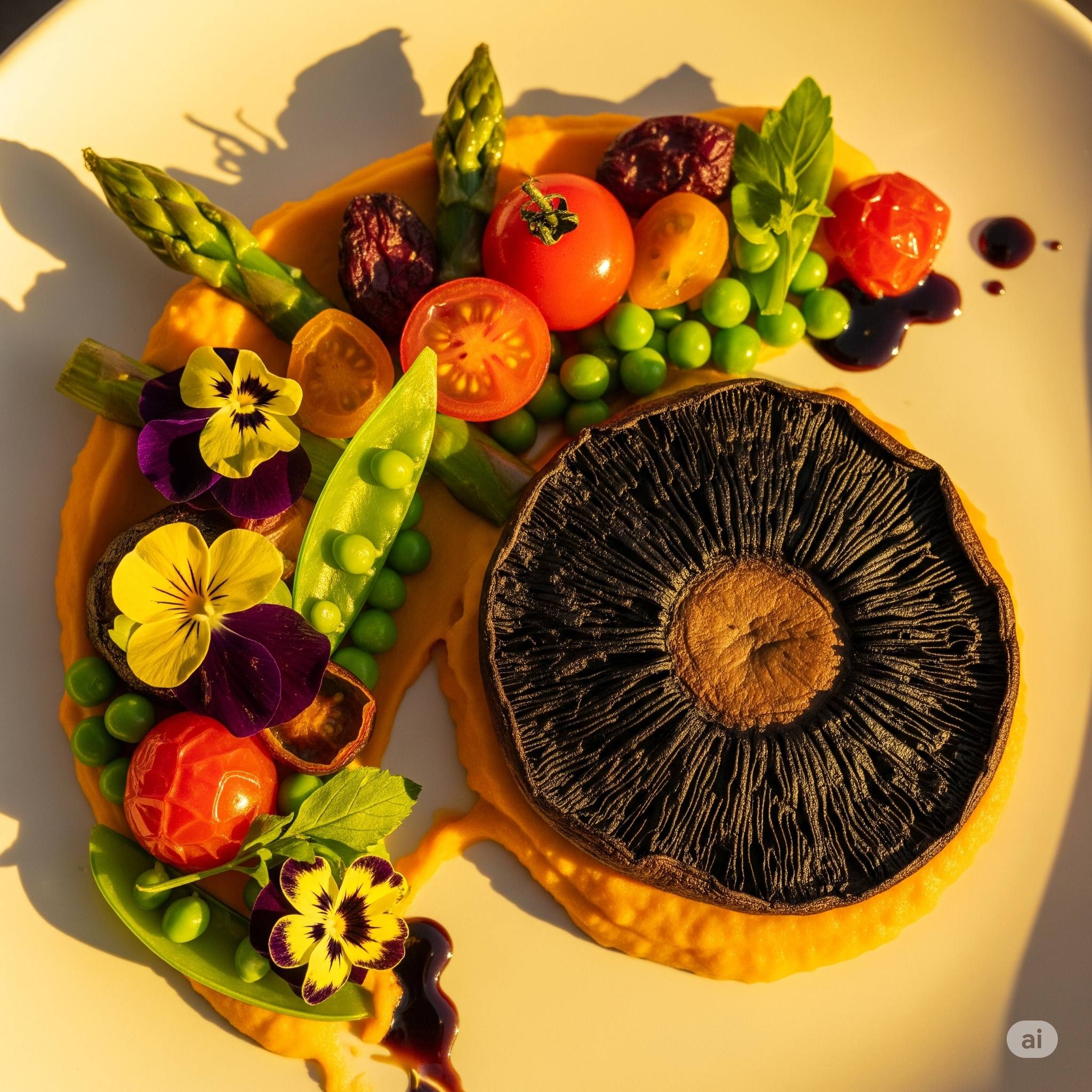 Prato vegano gourmet com cogumelo portobello, aspargos e vegetais coloridos